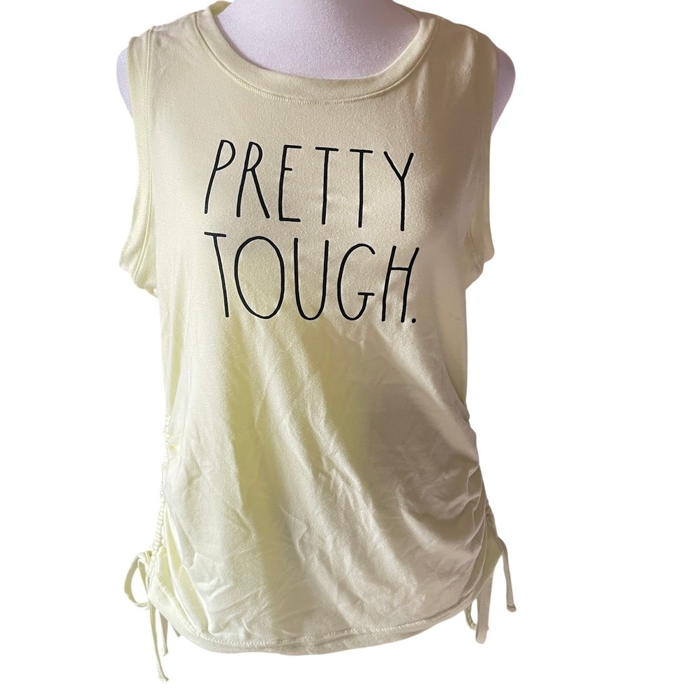 Rae Dunn Women Pretty Tough Graphic Tank Top M‎ Butter Yellow Ruched Side Summer